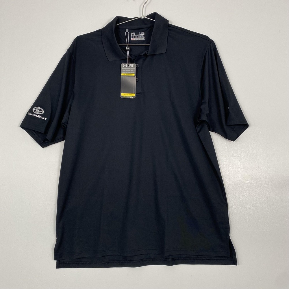 NWT Under Armour Polo Shirt Mens Large Black HeatGear Golf Loose UPF‎ 50+ Logo